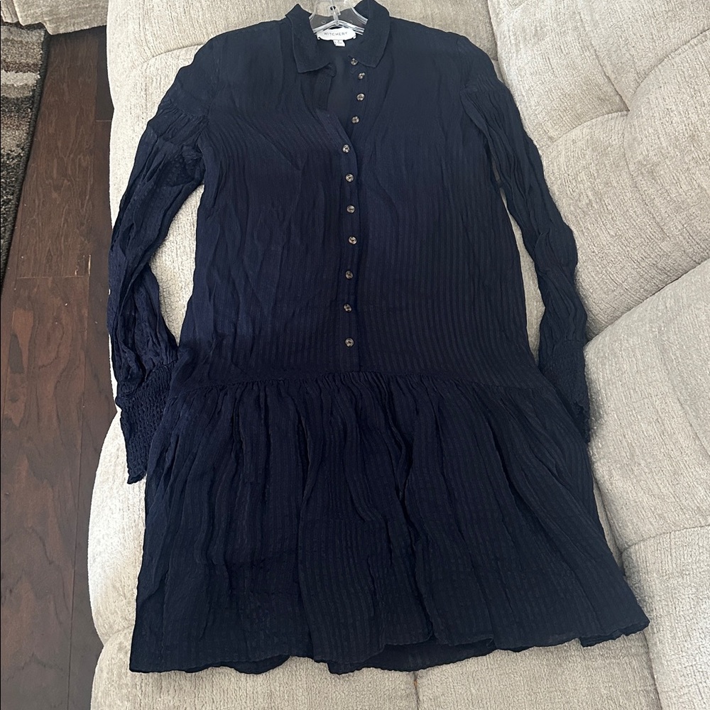WITCHERY Stripe Pintuck Dress Navy Drop Shoulder, Waist Dress Button Front Sz 8 - Picture 11 of 15
